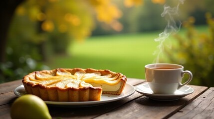 A delicious autumnal pear tart served outdoors with a steaming cup of tea on a rustic wooden table, enjoying a peaceful moment