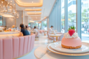 Delicious Pink Strawberry Dessert in Stylish Cafe Setting with Elegant Interior Design and Soft Lighting, Capturing a Cozy Atmosphere for Sweet Treat Lovers