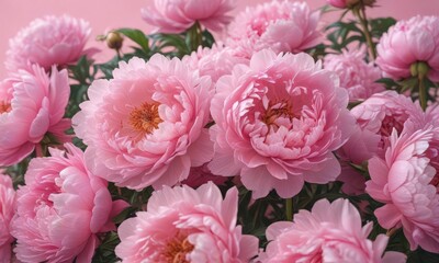 Dense cluster of pink peonies, soft pink backdrop,  flowers,  pink,  floral
