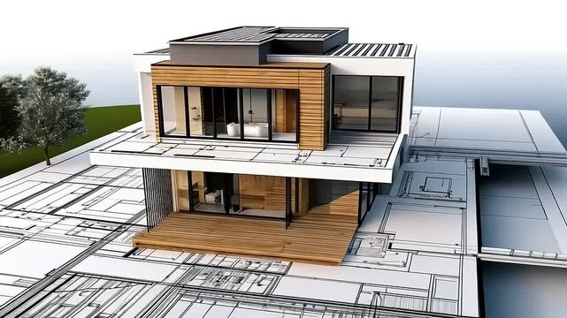 Modern Architectural House Design, 3D rendering of contemporary home over blueprint