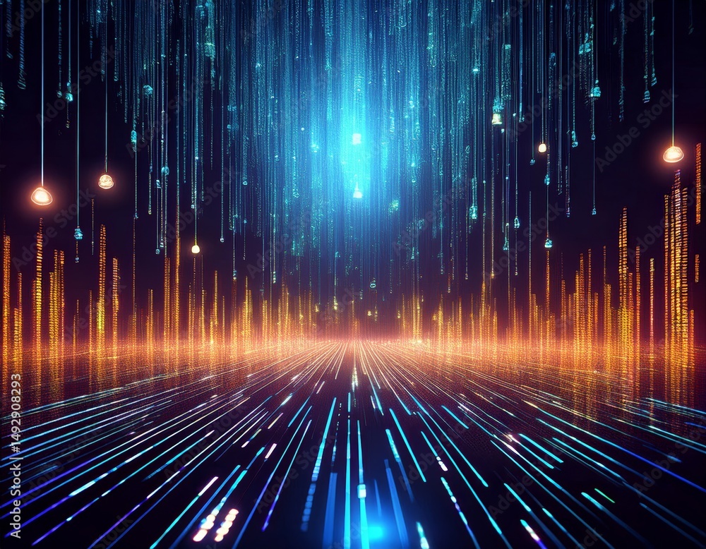Poster abstract animation of binary code cascading down like digital rain