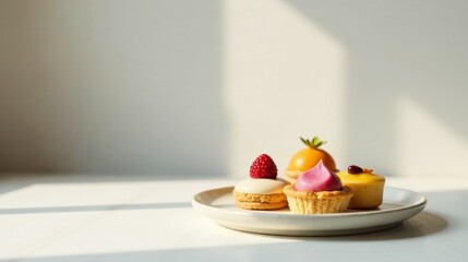Delightful Assortment of Mini Fruit Tarts on a Plate Bathed in Sunlight