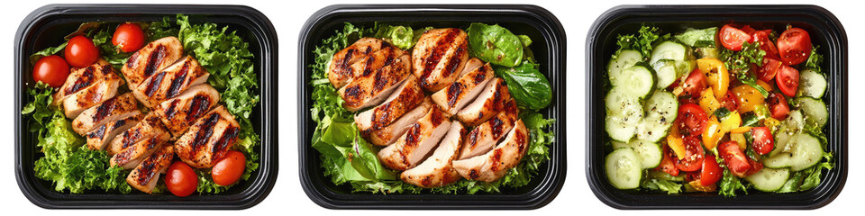 Three black containers showcasing grilled chicken salads with varied fresh vegetable toppings neatly arranged on transparent background