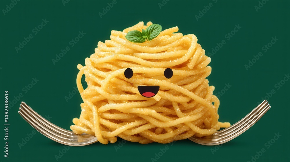 Poster playful spaghetti character with smiling face and fresh mint leaf creating a fun and whimsical dinin