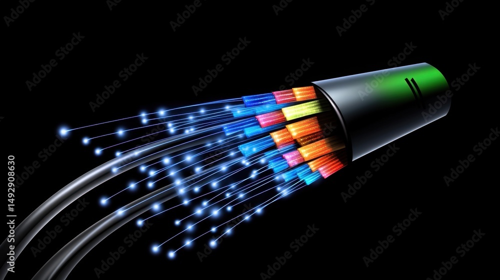 Poster glowing fiber optic cables transmitting data in a high-speed internet network