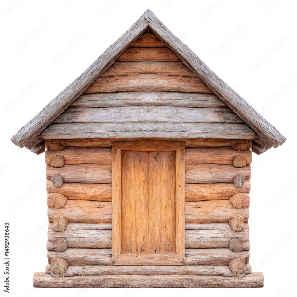 Poster rustic wooden cabin with log walls and simple door for authentic style, isolated on transparent back