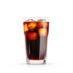 Refreshing iced beverage in clear glass with ice cubes on white background.