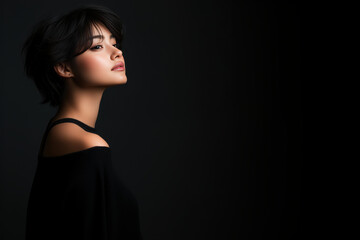 Fototapeta premium profile portrait of Japanese woman with short hair, wearing black top, exuding confidence and elegance in low light.