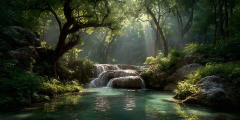 Multi-tiered waterfall cascades through a sun-drenched green forest, with golden sunlight filtering through the canopy. The photorealistic image captures nature&rsquo;s serene beauty with lush 