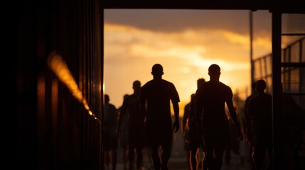 Silhouetted Group Walking Towards Golden Sunset, Symbolizing Teamwork and Shared Vision for Corporate Retreats and Leadership Development Programs : Generative AI
