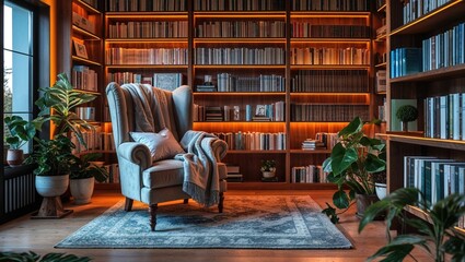 Cozy reading nook with a comfy armchair nestled amongst bookshelves filled with countless stories. Warm lighting creates a relaxing atmosphere.