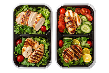 Two meal prep containers filled with grilled chicken salad and fresh vegetables arranged neatly inside them on transparent background