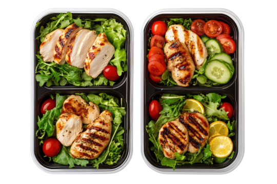 Two meal prep containers filled with grilled chicken salad and fresh vegetables arranged neatly inside them on transparent background