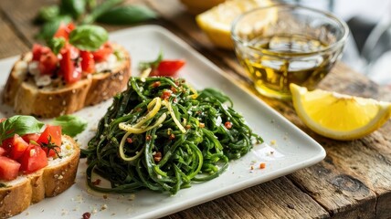 Marinated seaweed appetizer with tomato bruschetta on white ceramic plate, vibrant green texture contrasting with rustic wooden table, Mediterranean-inspired presentation with olive oil and lemon