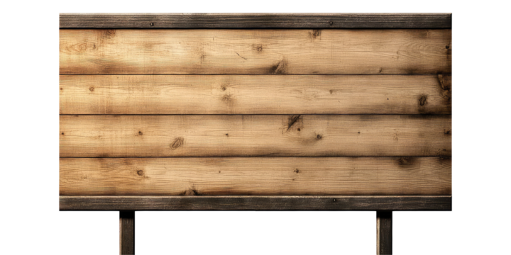 A rustic wooden sign with horizontal planks and a dark frame against a black background space to fill on transparent background