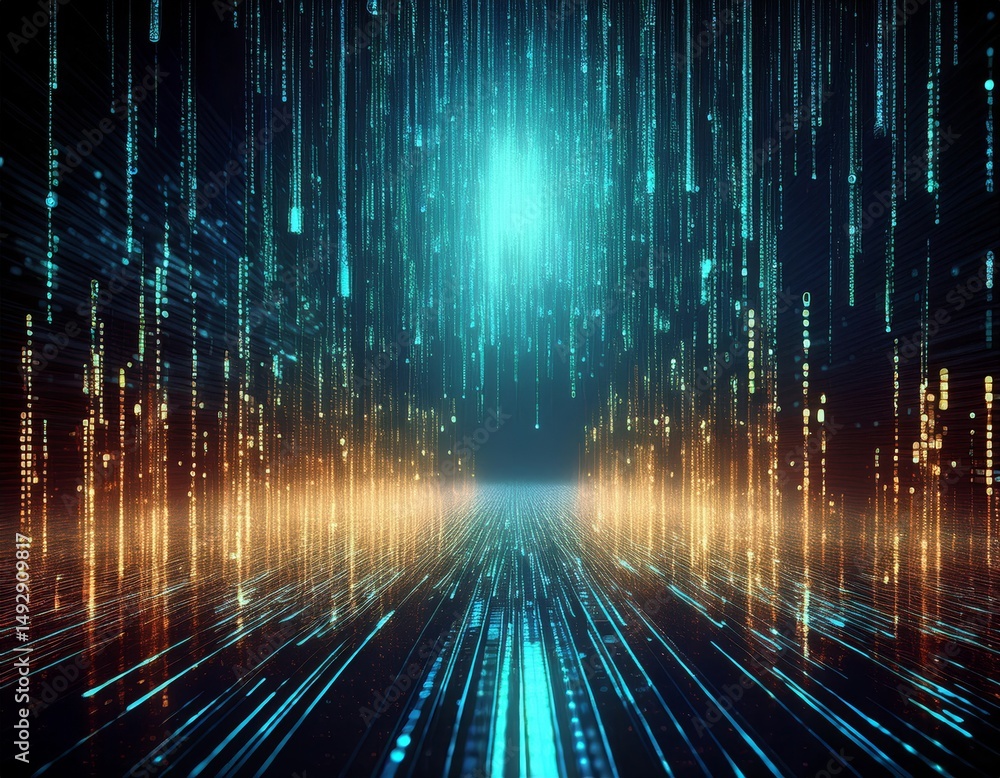 Poster abstract animation of binary code cascading down like digital rain