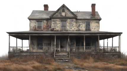 Detailed Image of a Weathered and Abandoned Farmhouse on PNG transparent background
