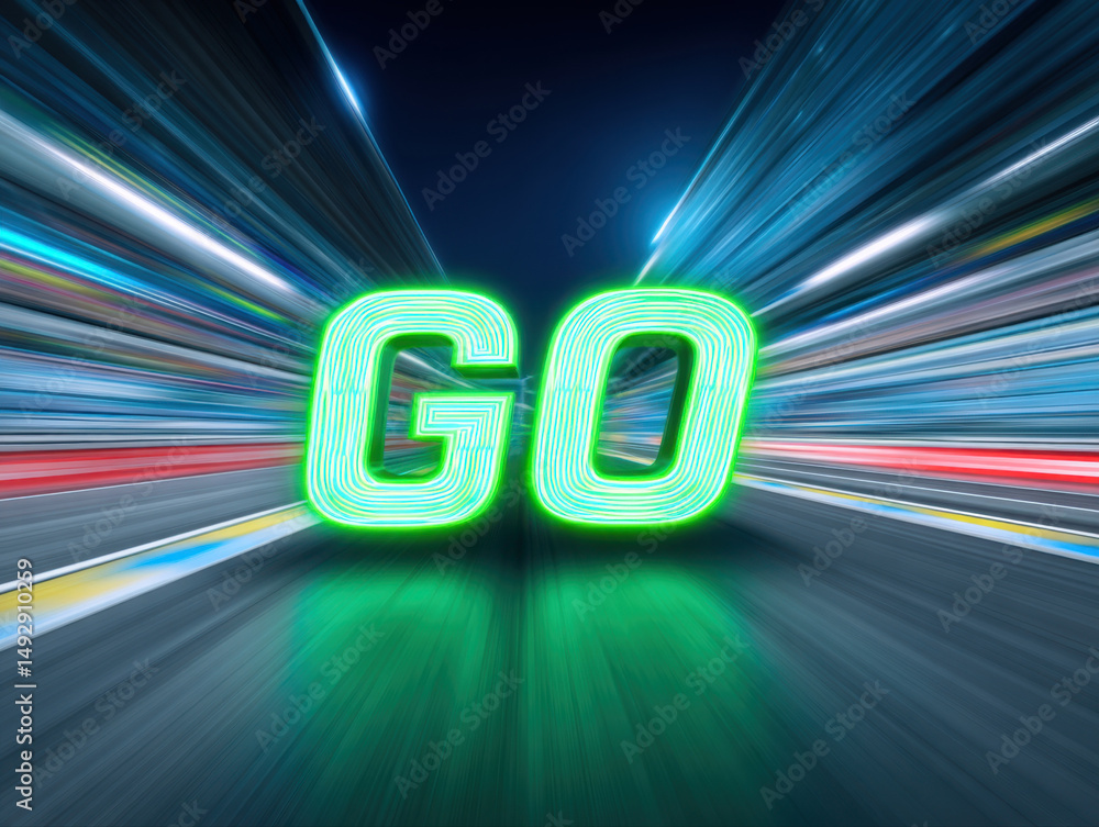 Poster exciting word go glowing bright neon green with dynamic speed motion blur background effect perfect 