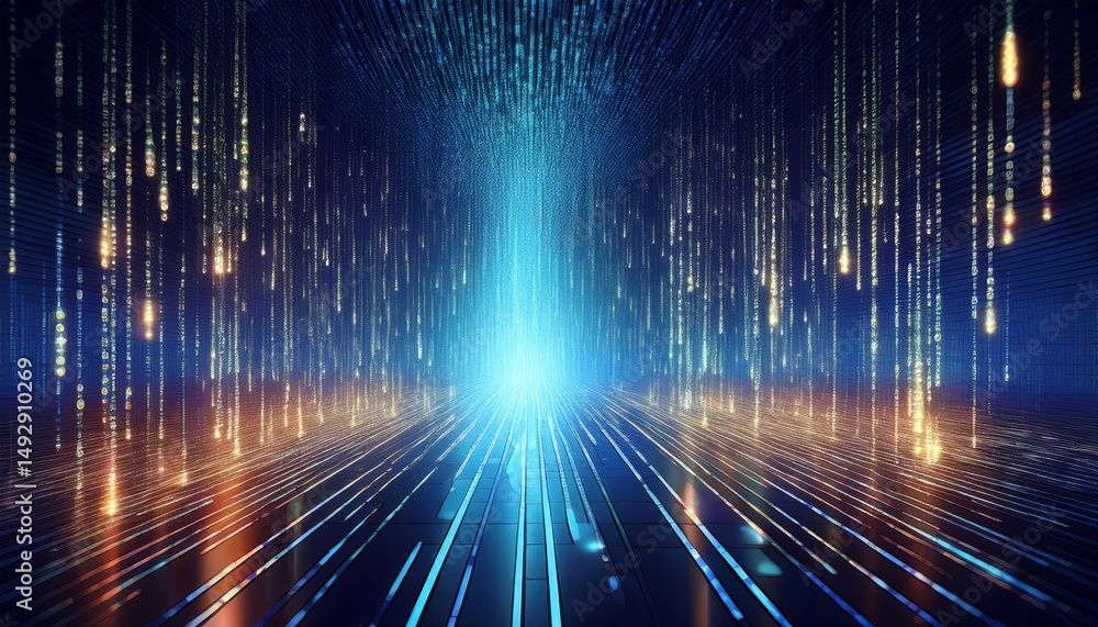 Poster abstract animation of binary code cascading down like digital rain