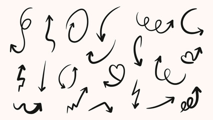 Set of hand drawn arrows. Doodle arrows. Isolated vector illustration.