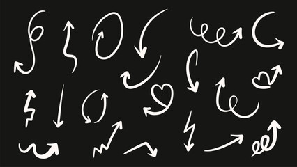 Set of white hand drawn arrows. Doodle arrows.  Isolated vector illustration.
