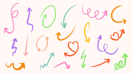 Set of colorful hand drawn arrows. Doodle arrows. Isolated vector illustration.