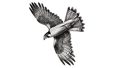 Detailed Engraving of Falcon Flying High, Monochrome Ornithological Etching, Rustic Wildlife Illustration, Vintage Animal Drawing, Black Sketch, Old Engraving Style, Trendy Falcon