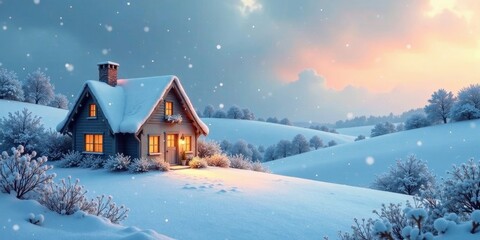A Cozy Cabin nestled in a Winter Wonderland, Snow Falling Softly on Rolling Hills at Sunset