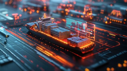 Cargo ship with digital interface showing data, illustrating modern logistics and technology in shipping