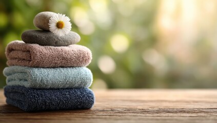 Stacked towels and stones with flower indoors