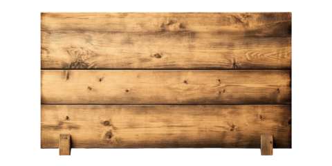 A close up of a rustic wooden sign with three planks and supports against a black background space on transparent background