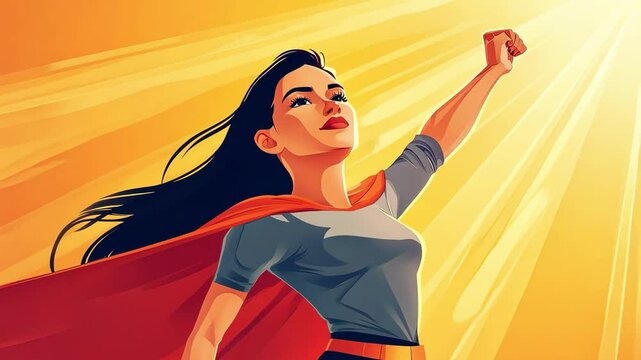 Cartoon woman with cape and raised fist in sunshine vector illustration, success concept