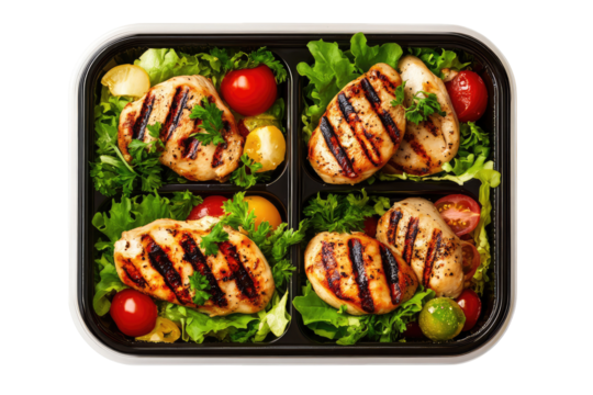 Close up of a black container with grilled chicken lettuce and tomatoes for a healthy meal prep idea on transparent background
