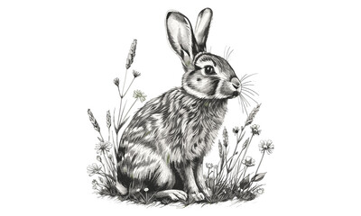 Detailed Rabbit Engraving, Meadow Animal Line Art, Hand-drawn Wildlife Etching, Monochrome Vintage Print, Rustic Nature Illustration, Black Sketch Mammal, Old Engraving Style