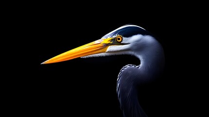 Close-up profile of a great blue heron against a pure black background, showcasing its vibrant yellow beak and striking plumage details