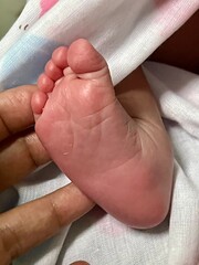 Hand holding a baby 's feet on the bed