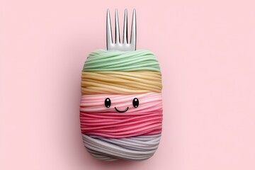 Cute smiling colorful yarn ball topped with a fork on a delicate pink backdrop showcasing the playful nature of food art and creative culinary presentations in a whimsical setting