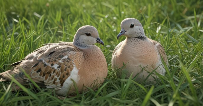 Intimate close-up of two turtle doves nestled in tall green grass,  grassland,  close-up
