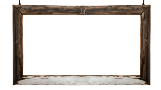 A rustic wooden frame with a black background and a textured white base creating a vintage aesthetic on transparent background