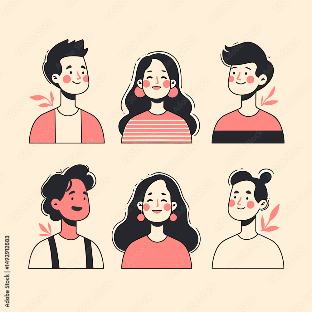 Poster character illustration in pastel palette: a collection of six cartoonish characters, each with uniqu