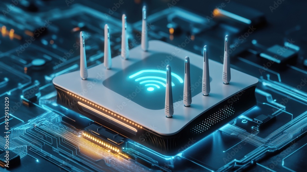 Poster network cables plugged into a glowing router symbolizing connectivity and the internet of things rev