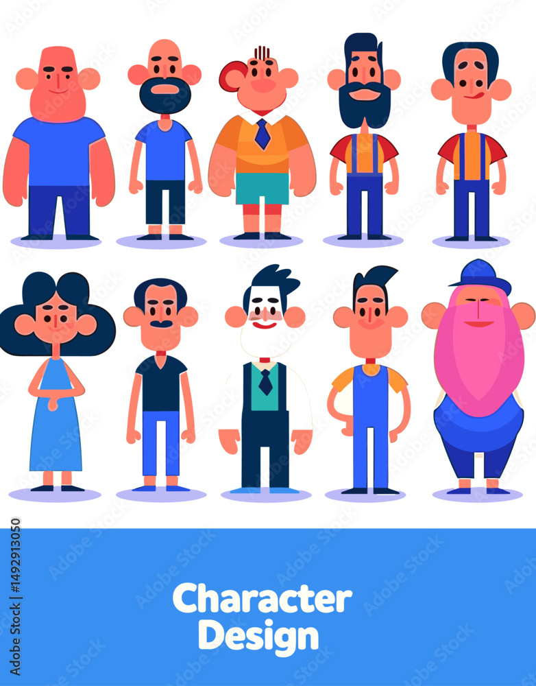 Poster character design: a collection of diverse cartoon characters, each with unique features and expressi