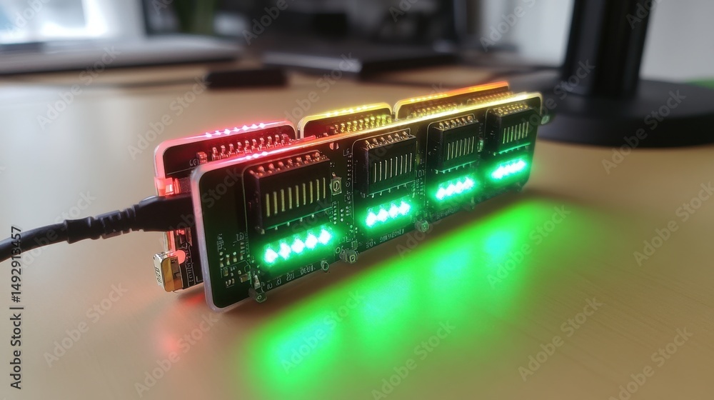 Poster open-source hardware board with connected sensors and blinking lights