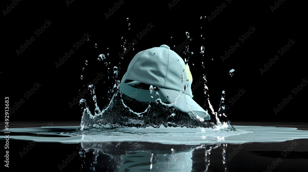 Poster splash cap: a vibrant cap is captured mid-splash in water, highlighting the dynamic interaction betw