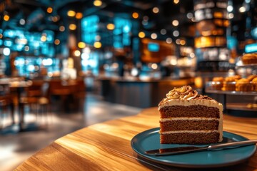 Delicious Slice of Chocolate Cake Served on a Blue Plate in a Cozy Cafe with Warm Lighting and Soft Focus Background Inviting Sweet Treat Experience