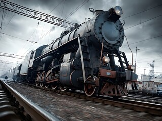 Obraz premium Powerful Locomotive Charging along Railway Tracks Set Against Majestic Mountain Backdrops for Dramatic Visual Storytelling