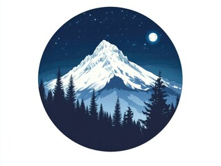 Fototapeta premium Snowy mountain peak at night in a circular graphic design.
