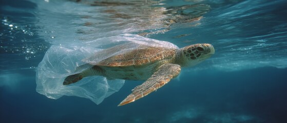 Obraz premium A sea turtle gracefully swims beneath the ocean surface, entangled in a plastic sheet, highlighting environmental challenges amidst the blue aquatic backdrop.