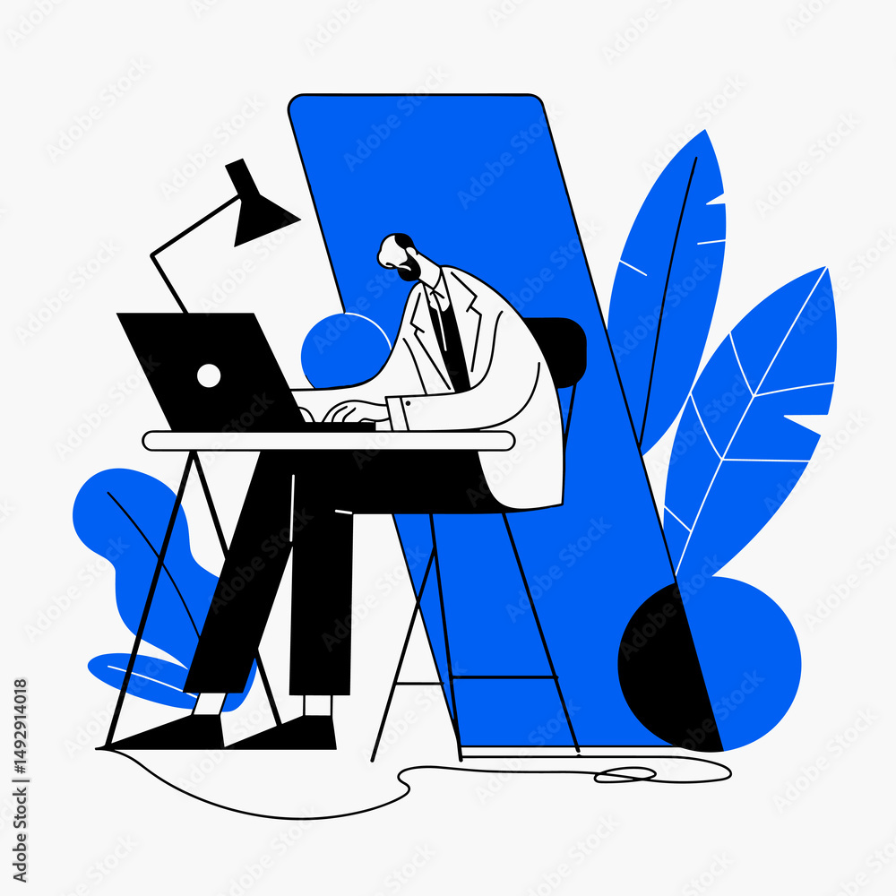 Poster modern professional focused: an individual deep in concentration at desk, working with computer, wit