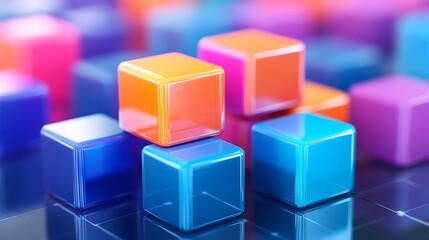 Obraz premium Vibrant, glossy cubes in orange, pink, and blue hues are stacked on a dark reflective surface, surrounded by a blurred background of similar colorful cubes